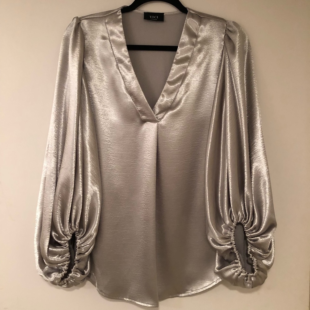 Silver Balloon Sleeve Blouse